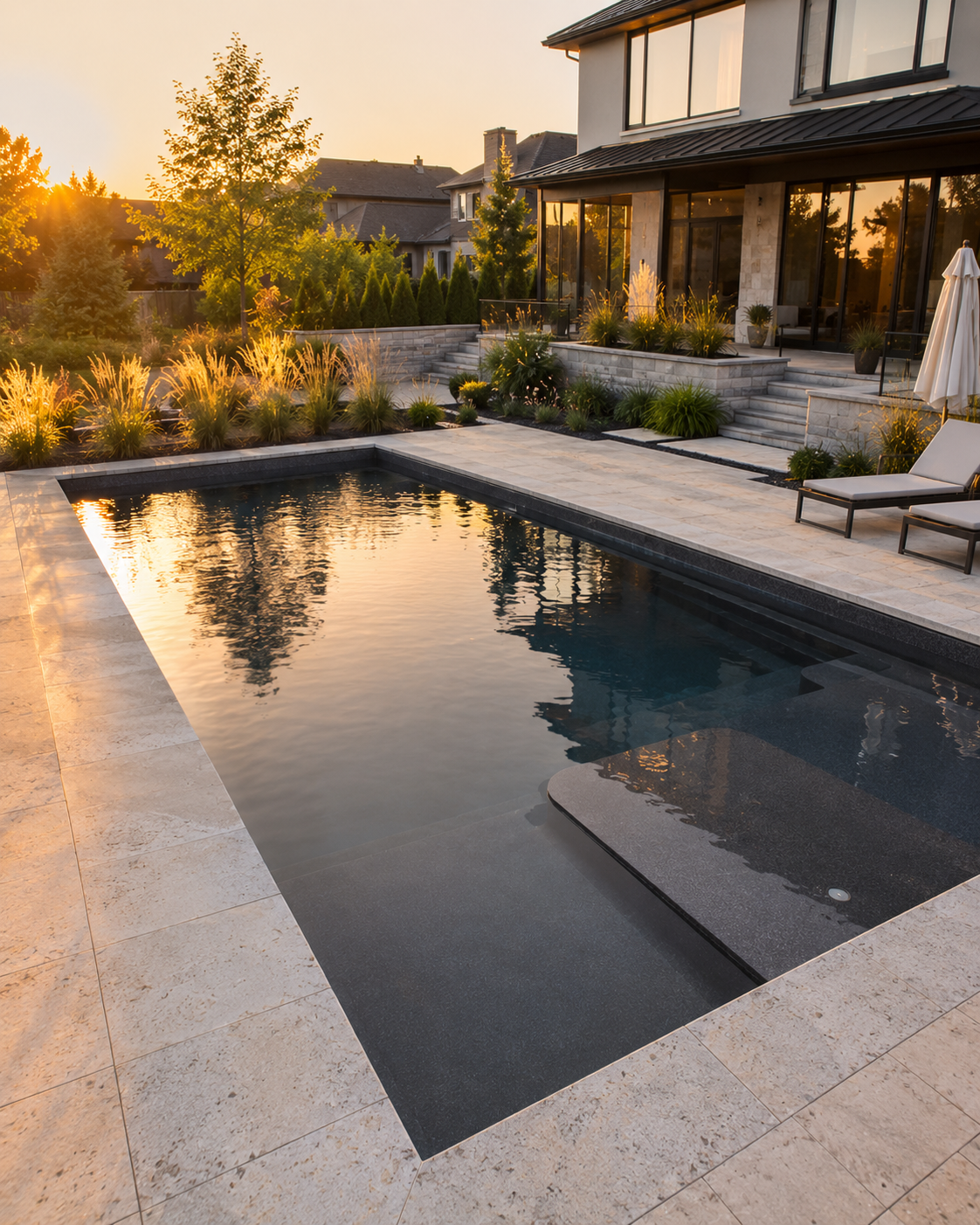 Dark charcoal fiberglass pool with tanning ledge Wellington County Ontario