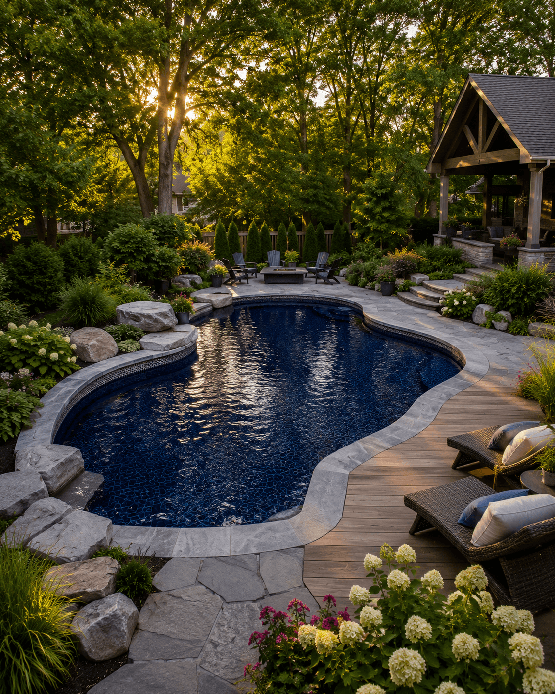 Freeform vinyl liner pool armor stone coping Ontario Completed freeform vinyl liner pool with armor stone coping Wellington County Ontario