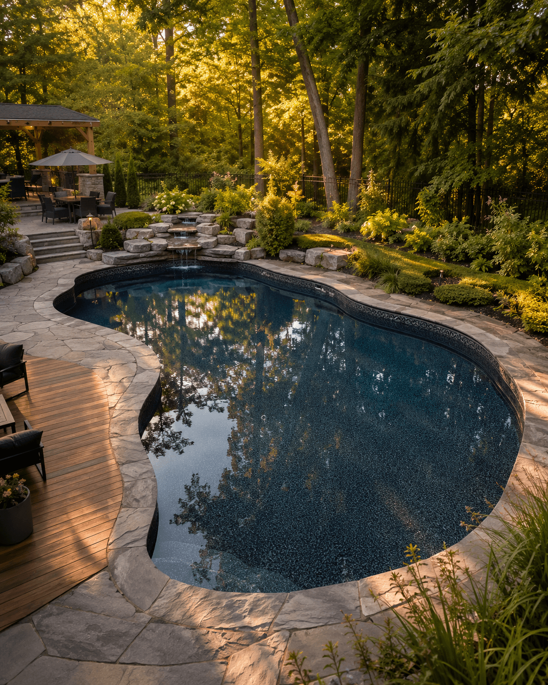 Freeform vinyl liner replacement geometric pattern Ontario Freeform inground pool with new geometric vinyl liner Wellington County Ontario