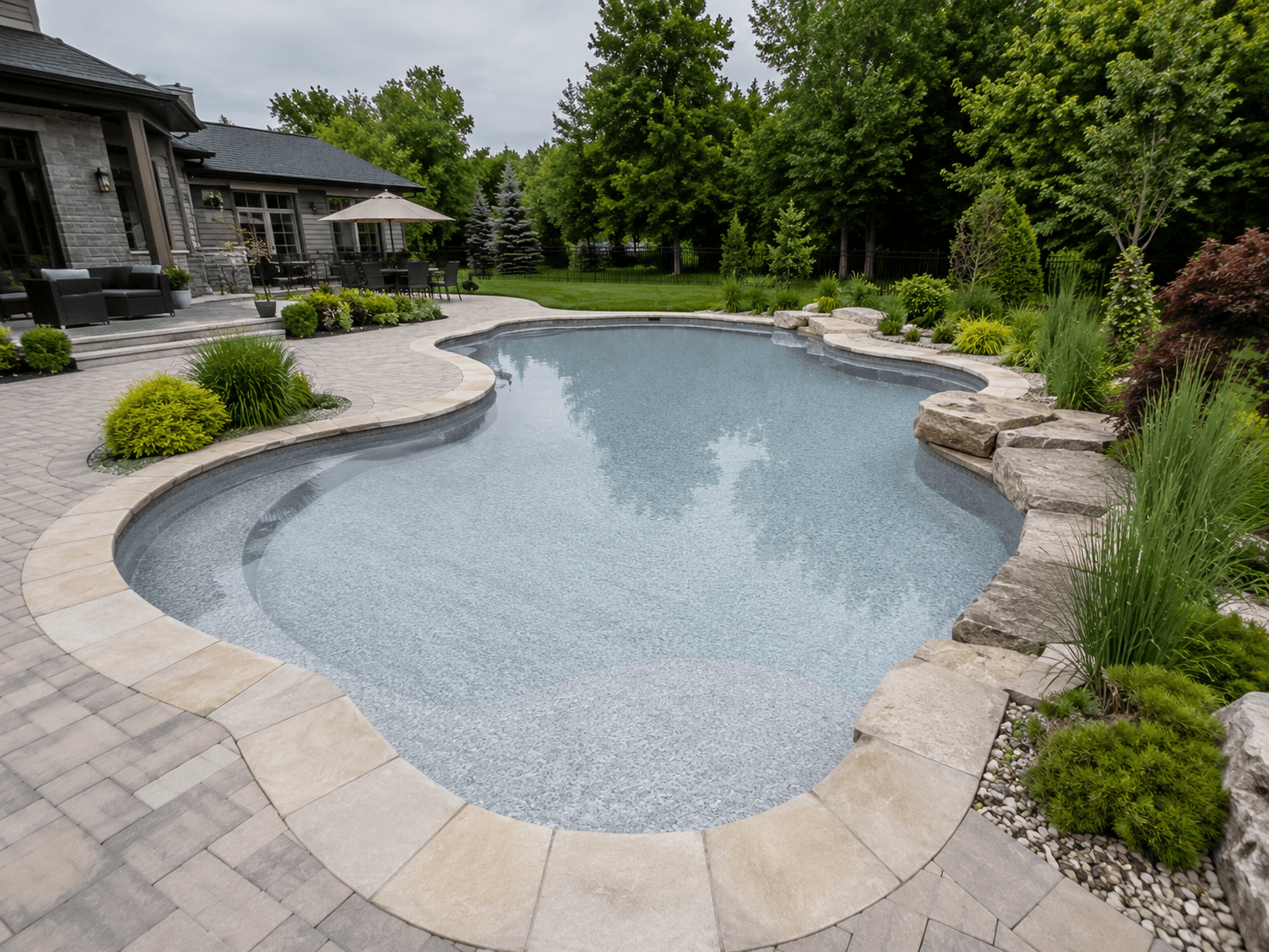 Freeform vinyl liner replacement grey marble pattern Ontario Freeform inground pool with new grey marble patterned vinyl liner Wellington County Ontario
