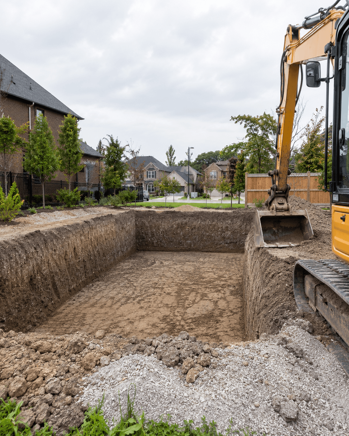 Inground pool excavation in progress at a residential property in Guelph Ontario Inground pool excavation in progress at a residential property in Guelph Ontario