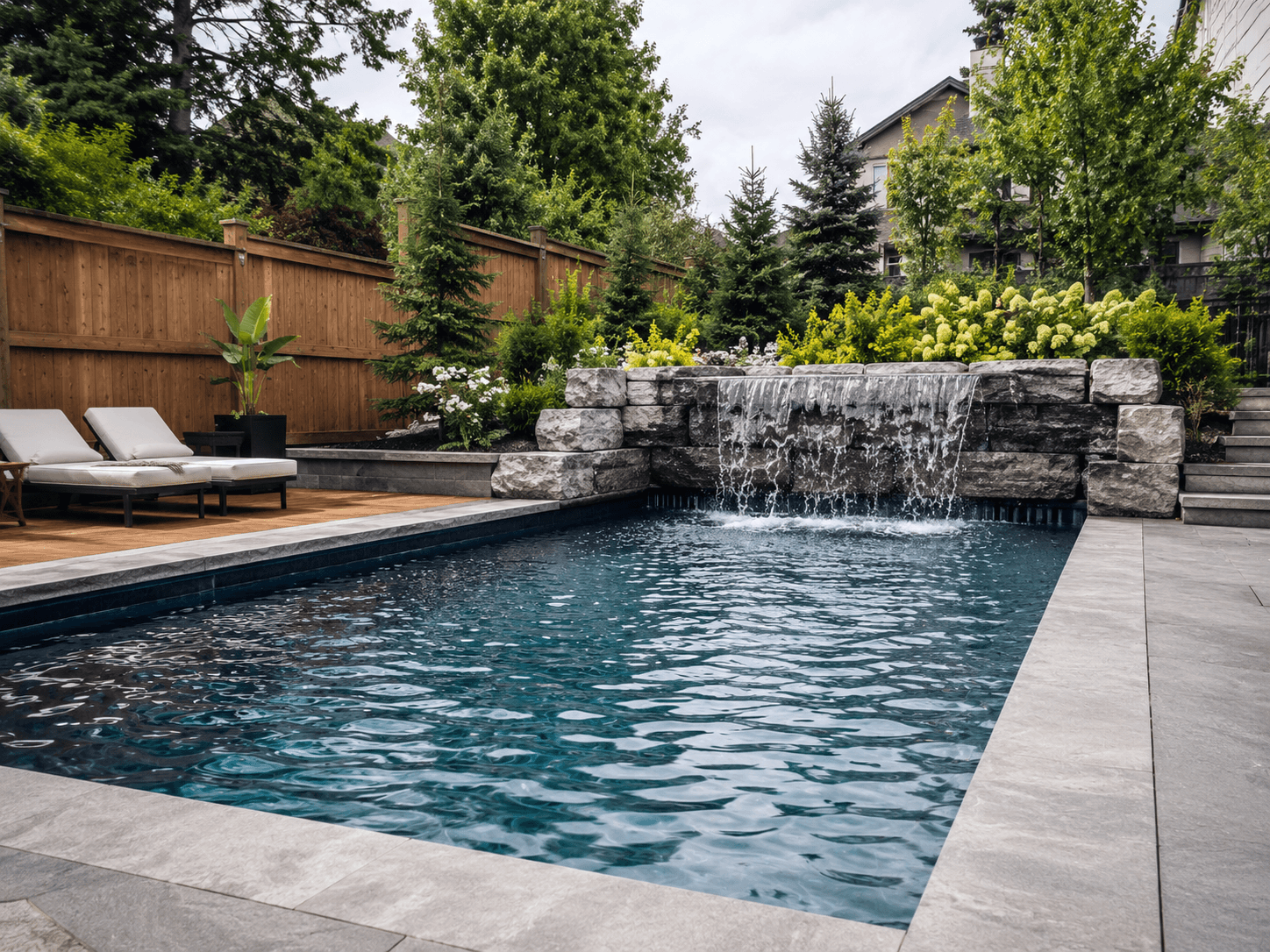 Inground pool waterfall feature Guelph Custom inground pool with stone waterfall feature Guelph Ontario