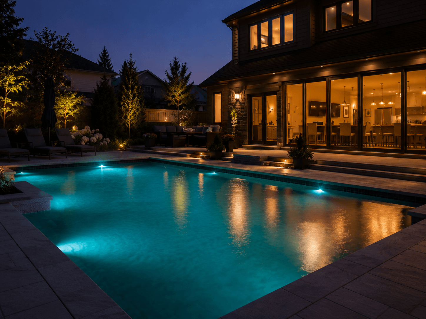 Inground pool with new LED lighting upgrade at dusk Guelph Ontario