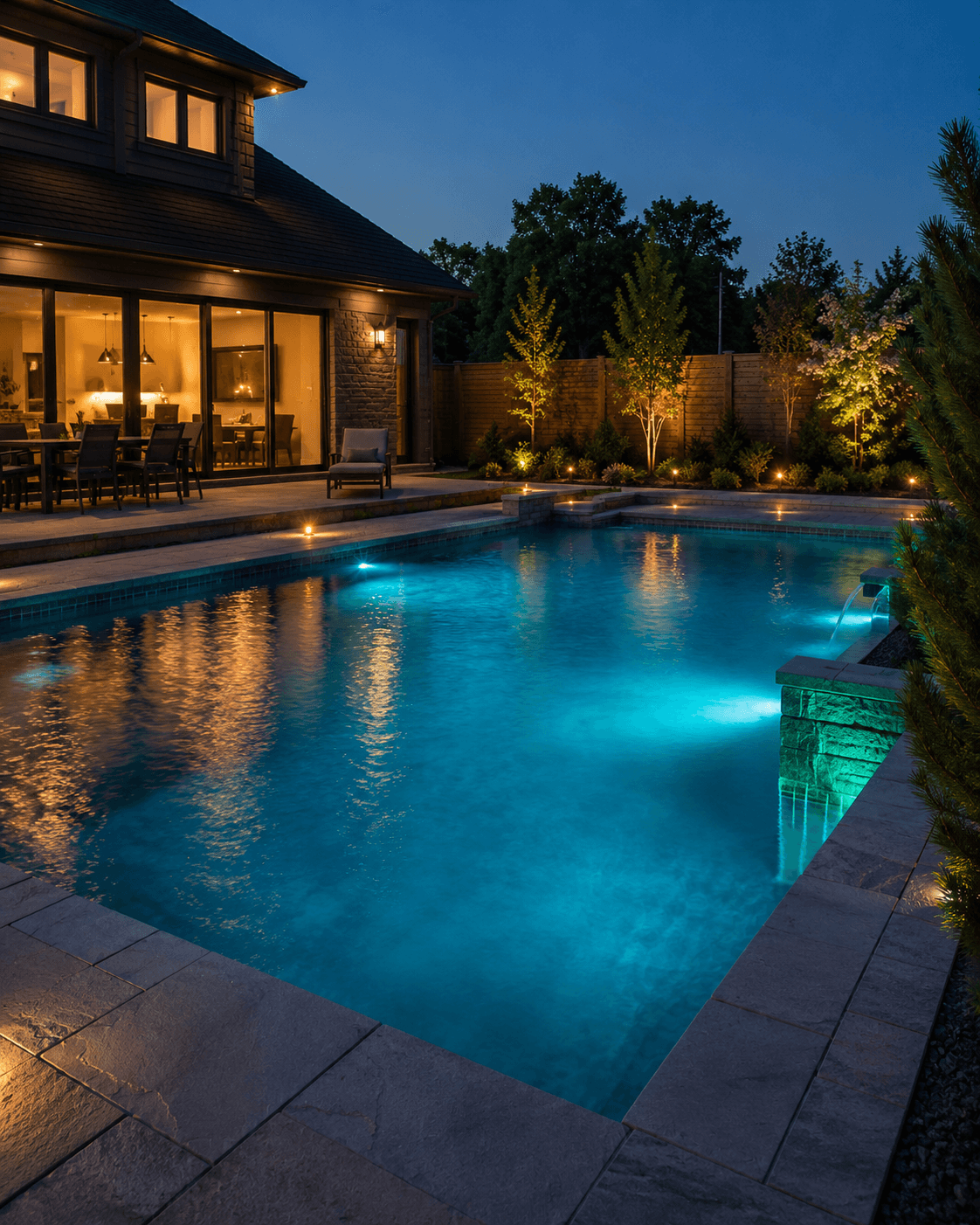 Inground pool with new LED underwater lighting at dusk Wellington County Ontario