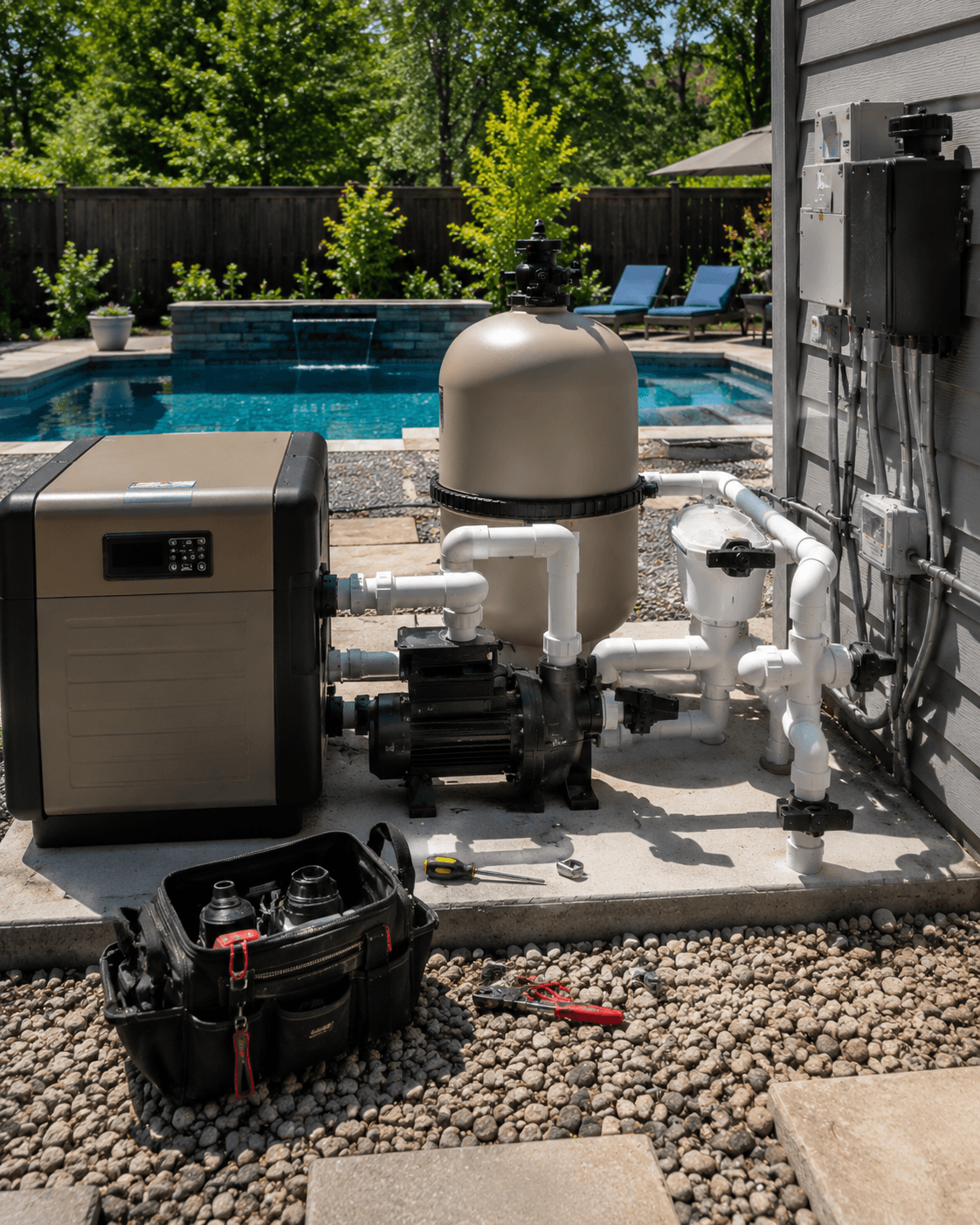 Pool equipment repair technician pump inspection Wellington County Pool equipment repair technician inspecting pump Wellington County Ontario