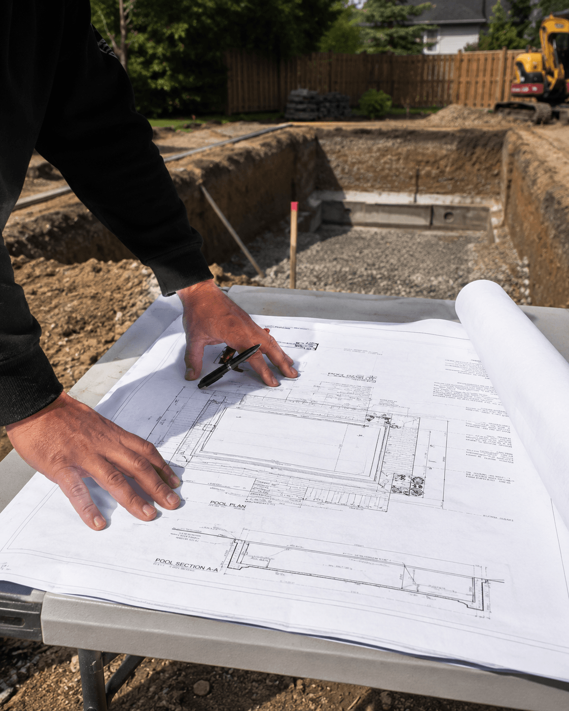 Pool installation planning Guelph Ontario Pool installation planning and design consultation at a job site in Guelph Ontario