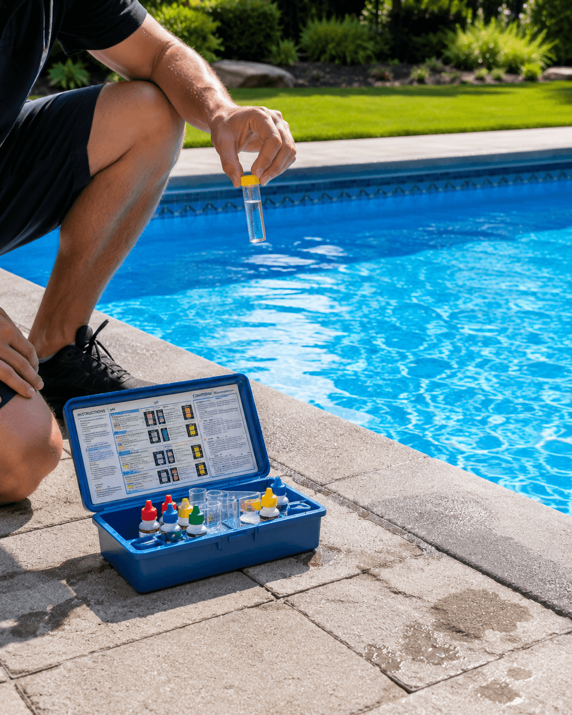 Pool water testing weekly maintenance Wellington County Pool water chemistry testing during weekly maintenance visit Wellington County Ontario