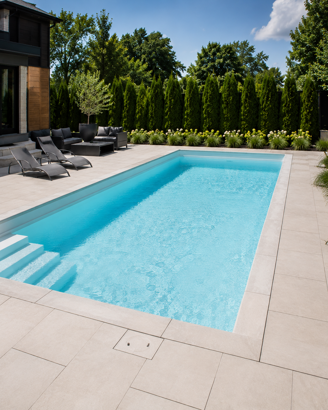Completed rectangular fiberglass pool with limestone coping Wellington County Ontario