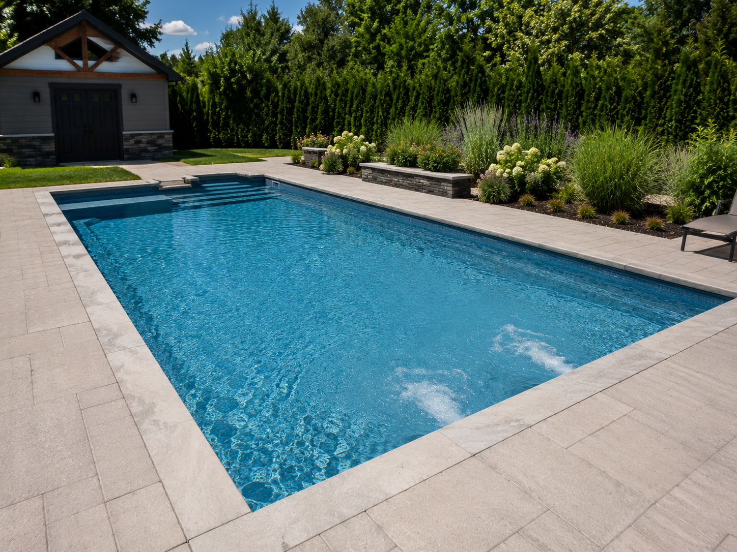 Rectangular pool restored circulation plumbing repair Guelph Rectangular inground pool with restored circulation after plumbing repair Guelph Ontario