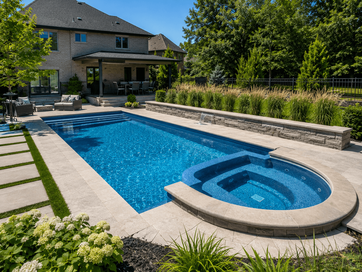 Weekly pool maintenance fiberglass pool spa Guelph Ontario Clean fiberglass pool with spa weekly maintenance Guelph Ontario