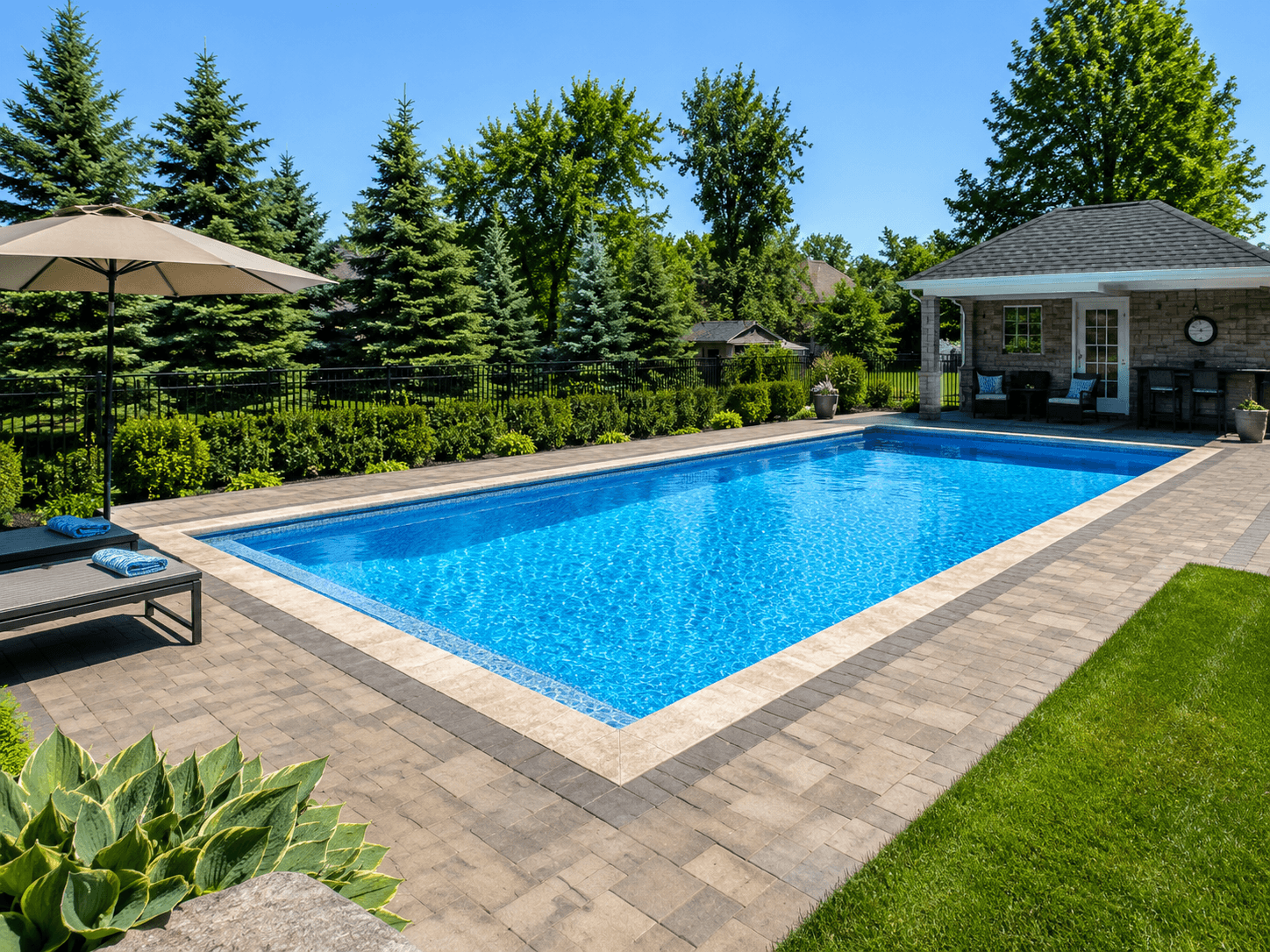 Weekly pool maintenance rectangular pool summer Wellington County Sparkling clean rectangular inground pool weekly maintenance Wellington County Ontario