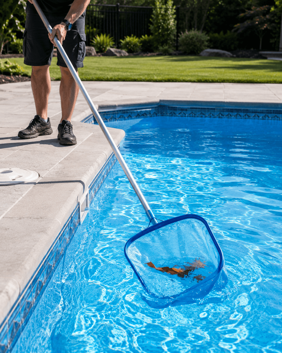 Weekly pool maintenance skimming service Wellington County Pool technician skimming inground pool during weekly maintenance visit Wellington County Ontario