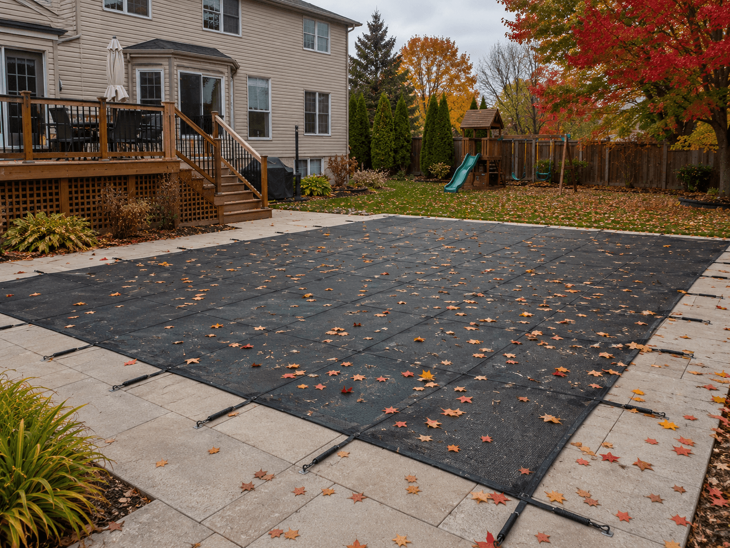 Winterized vinyl liner pool safety cover guelp ontario backyard.jpg A professionally winterized vinyl liner pool protected with a secure safety cover for the Ontario winter season.